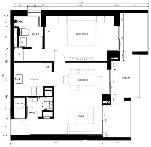 1 Dormitorio 2 Baños