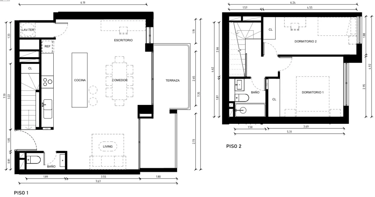 2 Dormitorios 2 Baños dúplex