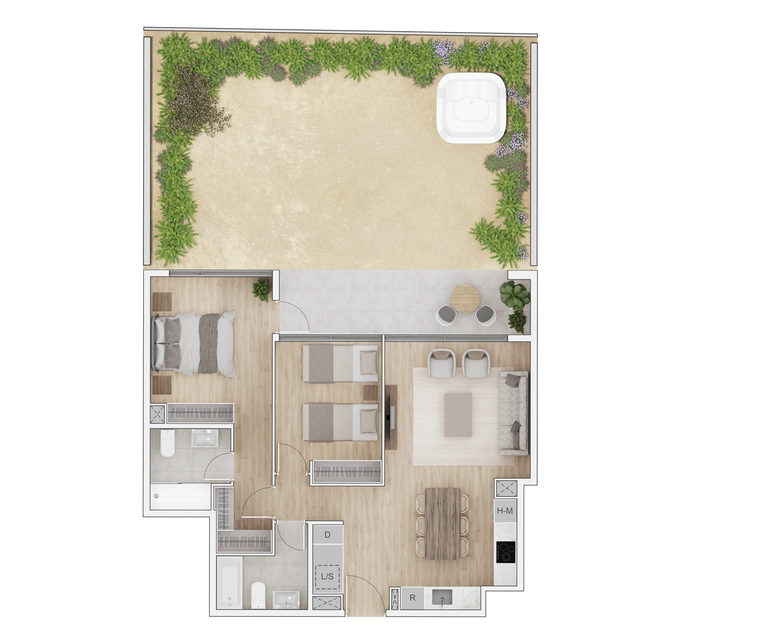 2 dormitorios 2 baños tradicional con patio