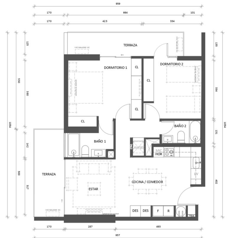 2 Dormitorios 2 Baños Tradicional