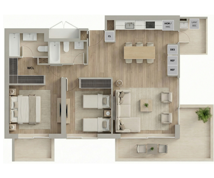 2 dormitorios 2 Baños Tradicional con Logia