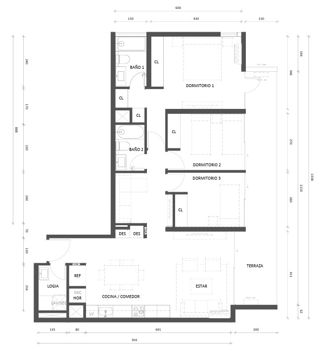 3 dormitorios 2 baños